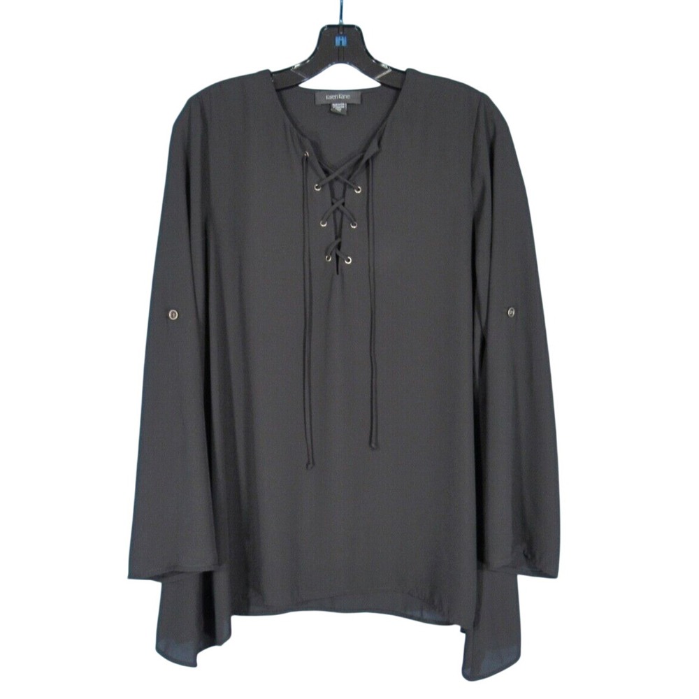 KAREN KANE Black CREPE CHIFFON Laced Neckline ROLL-TAB SLEEVE Blouse Top Sz M